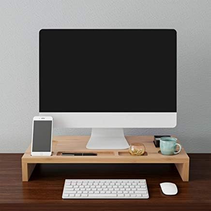Lavish Home Soporte para monitor de 7 compartimentos, estante de bambú ecológico para PC y elevador de laptop para escritorio, organizador de