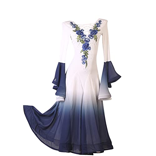 Women's V-Neck Embroidery Flowers Ballroom Dance Dress Modern Waltz Cha Cha Tango Dress Competition Costumes Navy Blue