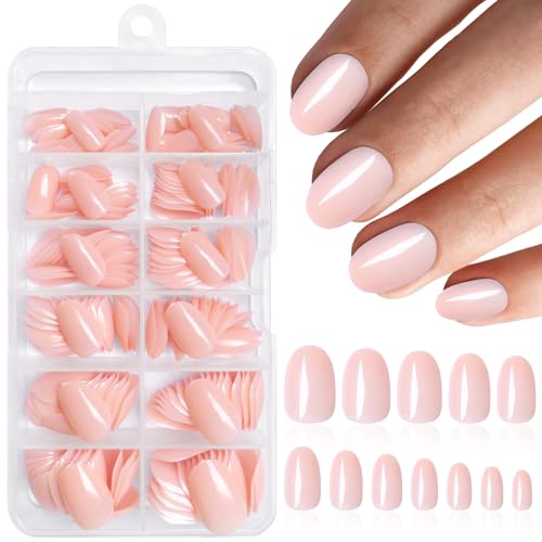 LoveOurHome 240pc Short Oval Press on Nails Nude Fake Nails, XS Oval Press on Nails Short Glue on Nail Nude Pink Acrylic Nail Press ons Nail Tips Artificial Fingernail with Adhesive Tabs