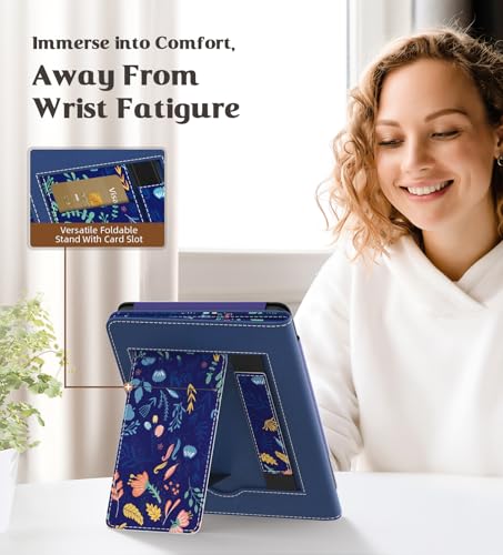 Image of MoKo Case for All-New 6 inch Kindle(11th Generation, 2024 /2022 Release) /(10th /8th Gen, 2019 /2016), Ultra Lightweight PU Shell Cover with Auto Wake /Sleep for Kindle 2024, Flower on Blue