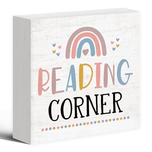 Luipk Reading Corner Wood Box Sign Desk Decor 5x5, Reading Nook, Boho Classroom Decor, Book Lover...