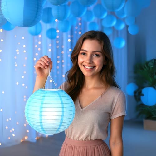 Image of Wanna Party 10 inch Blue Round Paper Lanterns Decorative Hanging Chinese Japanese Paper Lanterns Lamp for Birthday Halloween Wedding Baby Bridal Shower Fall Home Decor Party Decoration