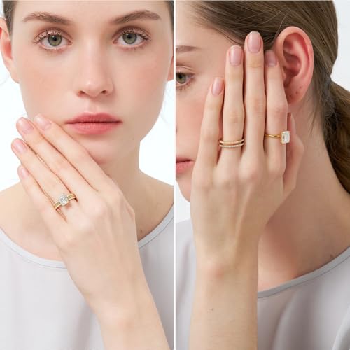 3.5CT Moissanite Bridal Ring Sets for Women D Color VVS1 Clarity Emerald Cut Lab Created Diamond Wedding Ring Sets S925 Sterling Silver with 9K Gold Plated Engagement Rings for Her Size 6.52