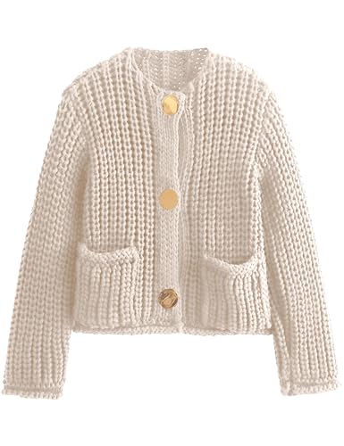Womens Fall Chunky Knit Cardigan Gold Button Down Long Sleeve Crop Crochet Sweater