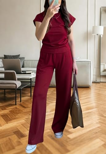 Image of Women's 2 Piece Outfits Casual Summer Cap Sleeve Ribbed Pant Sets Tracksuit