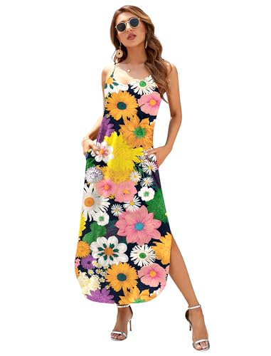 Image of HUSKARY Women's Summer Casual Sleeveless V Neck Strappy Split Loose Dress Beach Cover Up Long Cami Maxi Dresses with Pocket