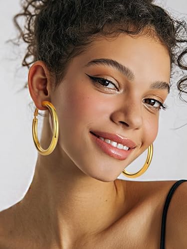 Image of Stainless Steel Chunky Hoop Earrings For Women, Minimalist and Chic, Black /Gold Plated, Round Hoops Earrings Hypoallergenic, Size: 30mm /40mm /60mm /80mm, Come with Box