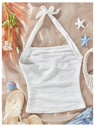 SweatyRocks Girl's Sleeveless Open Back Halter Top Summer Slim Fitted Textured Tops2