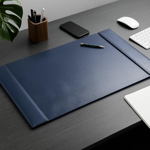 Image of Dacasso Bonded Pad with Side Rails Luxury Leather Desk Blotter for Writing, 30 x 18 (Navy Blue)