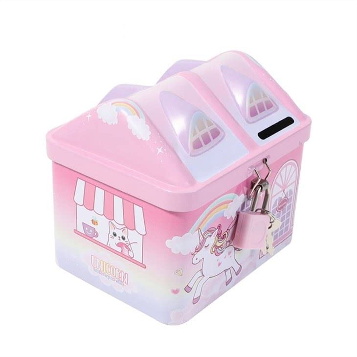 Image of WISHKEY Cute & Colorful Unicorn Printed Metal Piggy Bank With Secure Lock & Keys For Kids, House Shaped Money Saving Storage Coin Collection Box For Girls, Children (Pack Of 1, Multicolor,Classic)