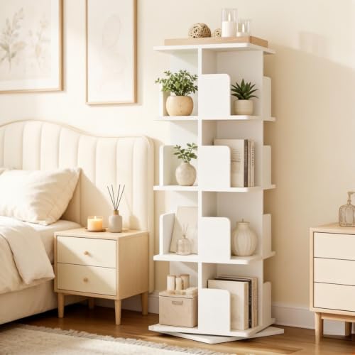 Librería giratoria blanca de 128 cm estantería vertical 16 compartimentos 4