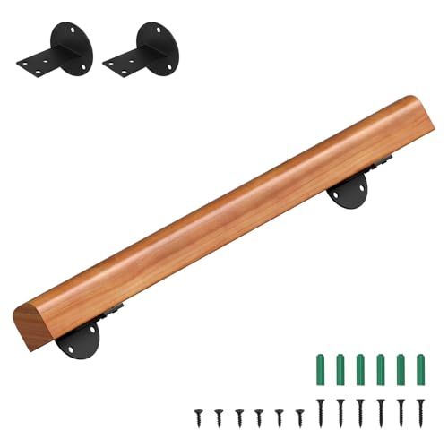 Eikuavons Pasamanos de madera de pino, 80 cm, pasamanos montados en la pared, madera semicircular, pasamanos de madera antideslizante con soportes de pared, material de montaje, nogal claro