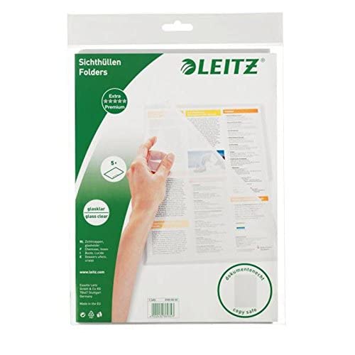 Leitz 47443000 Presentatieshoezen, 10 stuks, A4 formaat, helder met glanzend oppervlak, opening aan boven- en gatzijde, 0,08 mm PVC-hardfolie