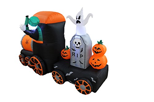 7 Foot Long Halloween Inflatable Skeleton On Train Ghost Tombstone Pumpkins Led Lights Outdoor Indoor Holiday Decorations, Blow Up Lighted Yard Decor Giant Lawn Home Garden Party Favor Decoration #TOP3