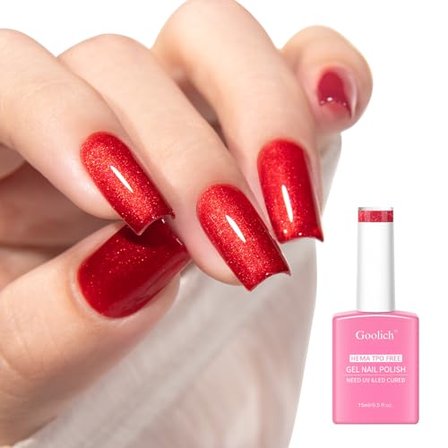 Goolich Pearl Christmas Red Glitter Gel Polish 0.5 Fl Oz HEMA & TPO Free Red Shimmer Sparkly Gel Nail Polish Soak off UV LED Nail Art Design Manicure Salon for Women Girl