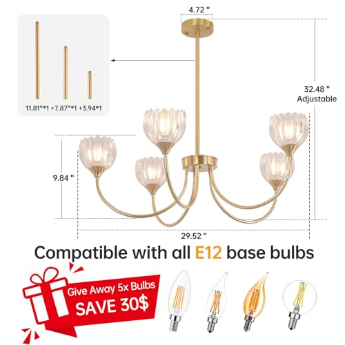 Image of Shenmoyl 30.31 inch Brass Gold 5-Light Chandelier, 5-Arm Clear Tulip Glass Pendant Light Fixture, Height Adjustable Vintage Branch Chandelier for Dining Room Living Room Kitchen Island Farmhouse