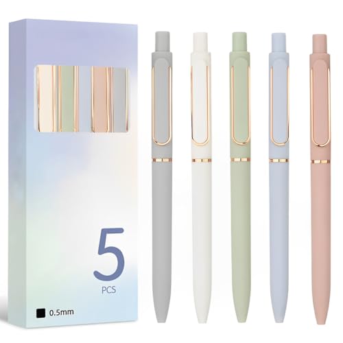 Kzouenzu Bolígrafos De Retráctiles, Secado Rápido, 5 Bolígrafos De Tinta Negra De 0.5 Mm De Punta Fina, Adecuado Para Oficina, Escuela, Hogar, Etc [Morandi]