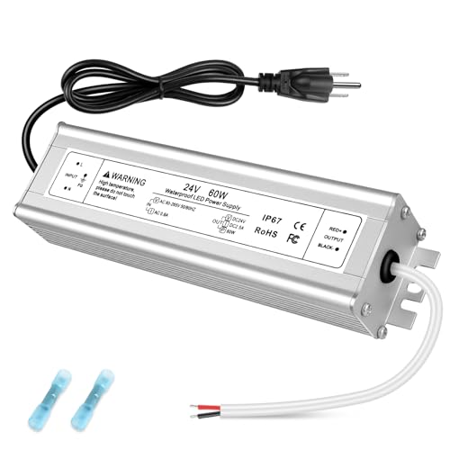 Image of 24V 60W LED Power Supply, IP67 Waterproof LED Driver, AC 110V to DC 24V 2.5A Low Voltage Transformer, Adapter for Outdoor LED Light, 3-Prong Plug with 3.3 Feet Cable