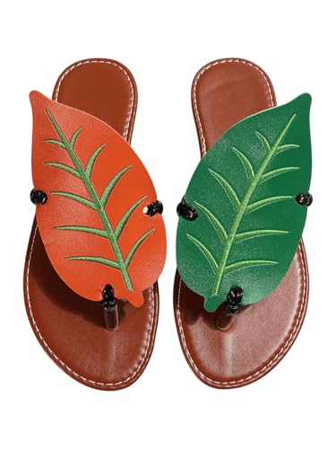 Women's Boho Leaf Appliques Thong Sandals Open Toe Outdoor Flip Flops Casual Slippers