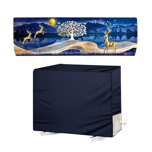 Image of Split AC Cover Set for 1.5 Ton | Indoor and Outdoor Unit Cover | Waterproof and Dustproof | Polyester and PVC Material | Digitally Printed | Washable and Reusable | Gold Deer Print