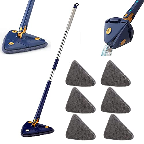 360° Rotatable Adjustable Cleaning Mop, Wall Cleaner with Long Handle Telescopic Triangular Mop, Spin Mop with Separate Clean and Dirty Water (Blue,Mop +6PCS Mop Cloth) Cover