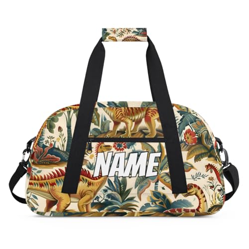 Custom Cute Dinosaurs Duffel Bag for Women Men, Personalized Jungle Cartoon Sport Gym Duffel Bag with Name Travel Weekender Overnight Bags