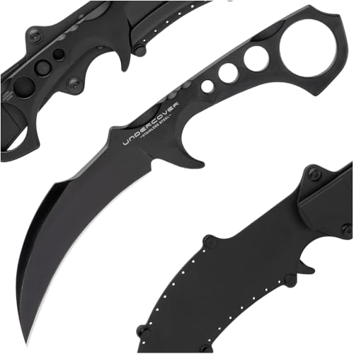 United Cutlery Undercover CIA Stinger III Karambit | 3 1/2 Inch 3Cr13 Stainless Curved Blade | One-Piece Steel Construction | Open Ring Pommel | Black Coated Finish | Molded Nylon Sheath