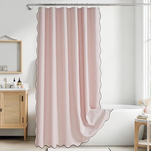 KGORGE Pink Scalloped Shower Curtain, Linen Textured...