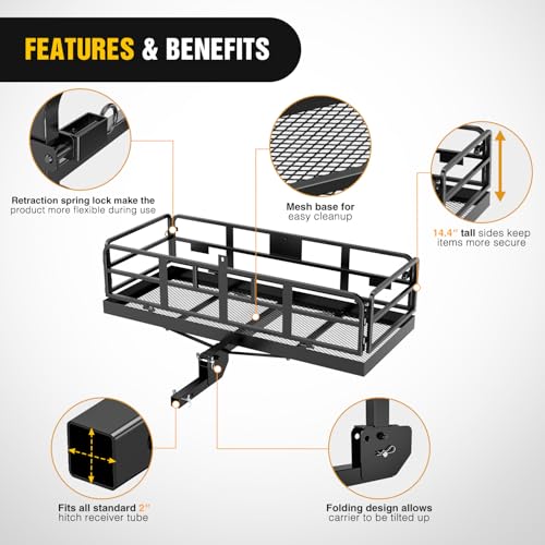 Image of Nilight 60 inch x 24 inch x 14.4 inch Carrier with Stabilizer Fits 2-inch Receiver 500 Lbs Heavy Duty Capacity Luggage Basket Fold Up for SUV Pickup Camping Traveling Capacity Basket