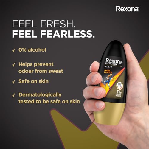 Image of Rexona Men Sport Defence Underarm Roll-On Deodorant | 72 Hours Odour Protection with Fresh Masculine Scent | 50ML (Combo Pack of 2) | 0% Alcohol, Safe on Skin