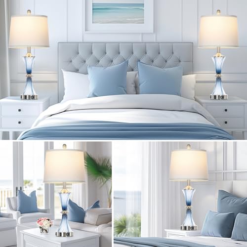 Rinweey Blue Glass Table Lamp Set of 2 with USB C+A Ports & AC Outlet, Bedside Lamp, Modern Bedroom Lamps, Coastal Lamp for Night Stands Bedroom Living Room,Nightstand Lamp LED Bulbs Included - Image 5