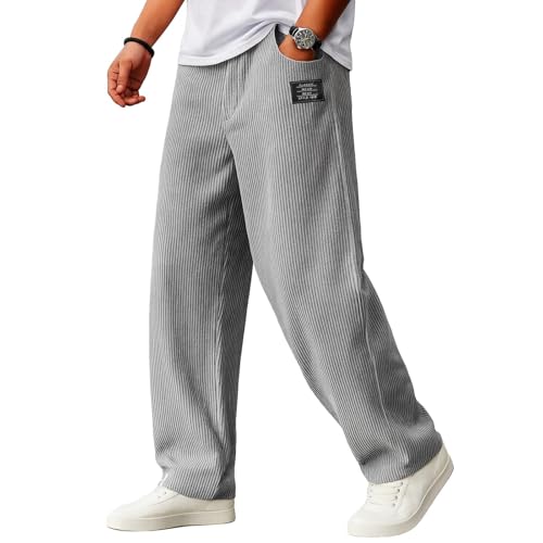 Mokaloha Mens Corduroy Pants, Men's Daily Casual Pit Strip Embroidery Logo Tether Loose Elastic Waist Pocket Pants3
