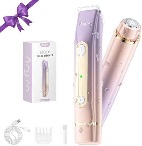 Bikini Trimmer for Women, 2 in 1 Dual Head Rechargeable Electric Shaver, Painless Pubic Hair Trimmer for Underarm Leg Arm Body Face– IPX7 Waterproof & Travel-Friendly, ElegantPurple