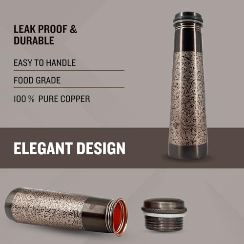 Image of Copper Water Bottle 1 Ltr | Copper Water Bottle with Glass Set | Meena Work | 100% Pure | Leak-Proof | 2 Water Glass 300ml each | Best for Gifting (Light House Design - Brown)