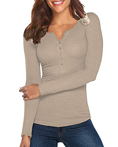 Damen Shirt Langarm V-Ausschnitt Basic Oberteile Button Casual Pullover...