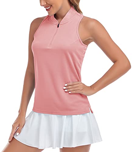 Golf Shirts Womens Golf Apparel Summer Outdoor Lightweight Spf 50+ Dry Fit Sleeveless Tennis Shirts Zip Collar Pink #TOP1