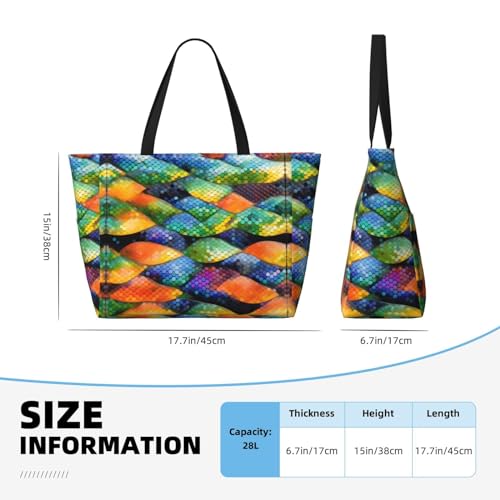 Rainbow Fish Scale Large capacity beach bag with zipper, perfect for grocery bag pool gym travel shopping foldable beach travel bag,4