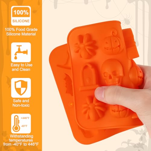 Image of 2 Pack Halloween Silicone Molds, Halloween Chocolate Molds, 3D Spider Skull Pumpkin Bat Mold for DIY Gummies Jello Ice Cube Jelly Chocolate Candy Cakes Decorations (Orange)