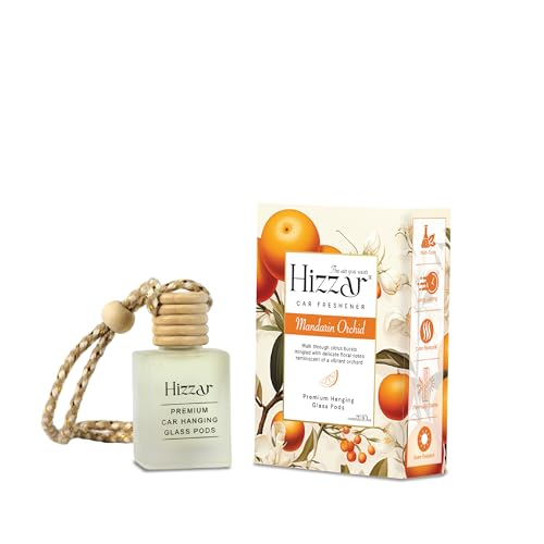 Image of Mandarin Orchard Car Perfume Hanging Pod 10ml | Natural Essential Premium Fragrance Oils in Glass Bottle with Wooden Diffuser Lid | Long Lasting Car Air Freshener Scent