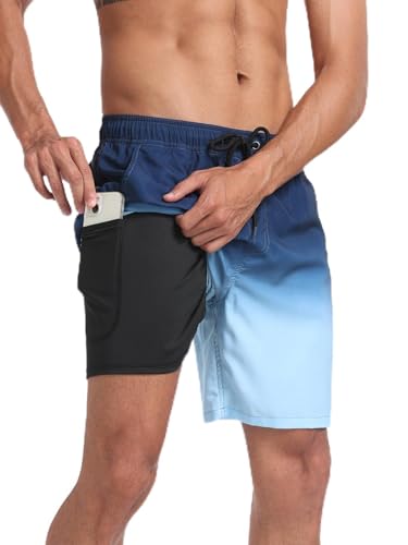 SHEKINI Mens Swim Trunks with Compression Lining Quick Dry Swimsuit for Men Swim Shorts with Pockets 2 in 1