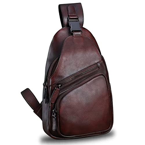 LRTO Genuine Leather Sling Bag Crossbody Purse Handmade Hiking Daypack Motorcycle Bag Retro Shoulder Backpack Vintage Chest Bag (Coffee)
