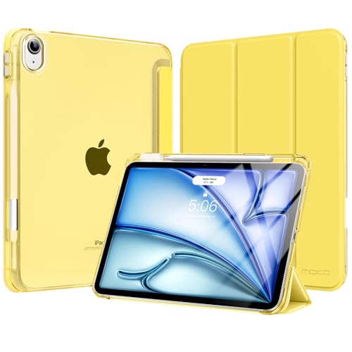 MoKo Cover per iPad Air 11 Pollici Case (M4/M3/M2) 2026/2025/2024, iPad Air 5a/4a Gen 10,9' 2022/2020 con Portapenna, Cover Trifold Sottile e Leggera con Retro in PC Rigido Traslucido, Giallo Chiaro