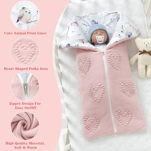 Image of Baby Winter Thick Swaddle Blankets Newborn Heart Dots Receiving Blanket Infant Soft Knit Warm Stroller Wraps for Baby Boys Girls (Pink)