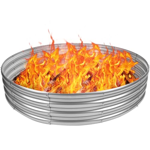 Heavy Duty 48 Inch Fire Pit Ring - 0.8mm Thick Galvanized Steel Rust Resistant Tool-Free Assembly Large Outdoor Fire Pit for Camping Backyard Patio Garden Also Use as Planter