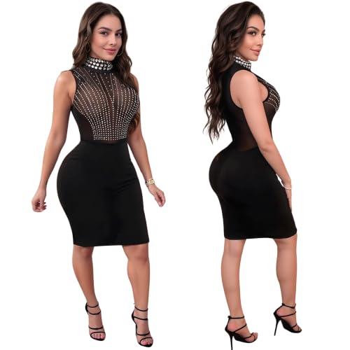 Image of PORRCEY Women's Sexy Rhinestone Mesh See Through Party Night Prom Dress