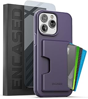 ENCASED Shockproof Wallet Case Designed for iPhone 14 PRO with Card Holder and Screen Protector (4 Credit Cards/IDs) - Purple