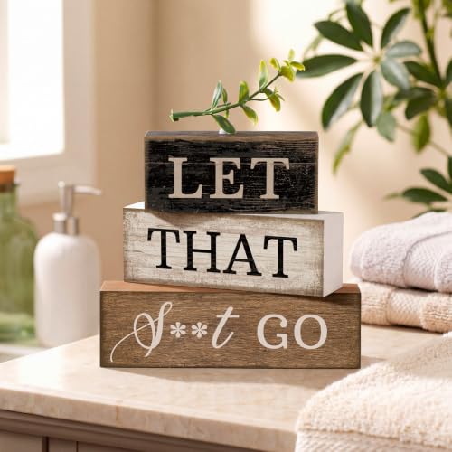 Image of Moucuny 4 Pcs Bathroom Shelf Decor Sign Farmhouse Bathroom Decor and Accessories Rustic Eucalyptus Leaves Wood Block Sign Gift Let That Shit Go Funny Farmhouse Table Centerpiece for Home Office Toilet