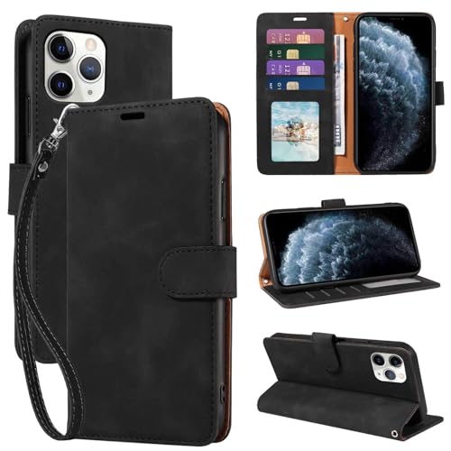JHWVVTF for iPhone 11 Pro Max Case Wallet RFID Blocking 4 Card Slots Holder 11 Pro Max Phone Case Wrist Strap Shockproof Protective Stand Soft PU Leather Folio Flip Cover (Black)