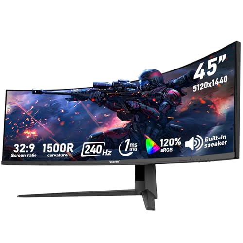 Image of Gawfolk 45 inch Ultra-Wide Curved 1500R Gaming Computer Monitor, DQHD(5120x1440) PC Screen, 240Hz, 1MS, FreeSync, 120% sRGB, Built-in Speaker, HDMI2.1 & DP1.4, Compatible Wall Mount 100 * 00mm- Black