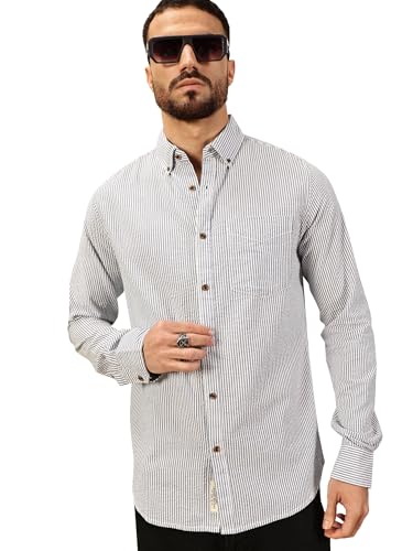 Image of Thomas Scott Men's | Slim Fit | Striped Design | Button-Down Collar | 100% Cotton Casual Shirt for Mens